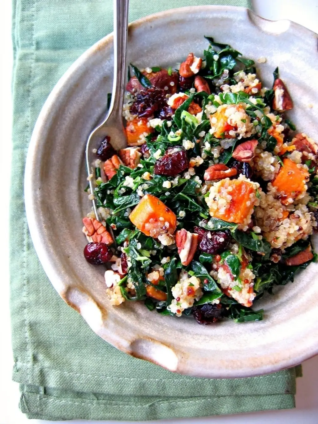 Roasted Sweet Potatoes with Cranberries, Quinoa, Kale, and Pecans