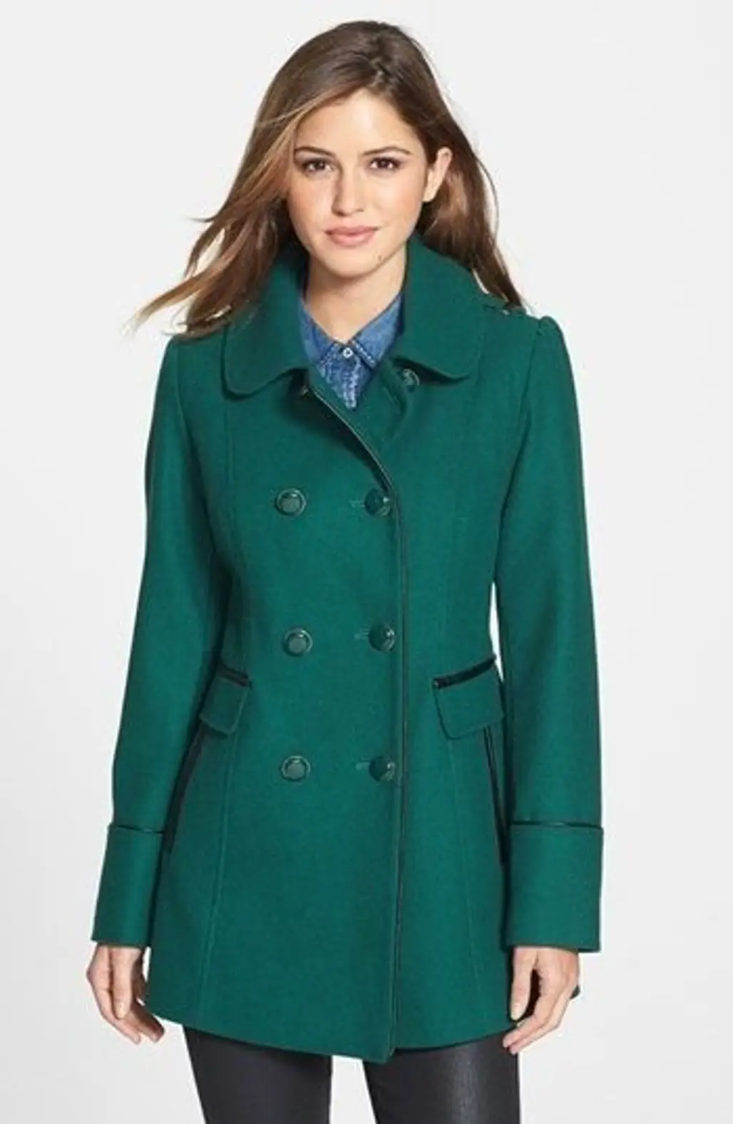 Kensie – Double Breasted Wool Blend Coat with Faux Leather Trim