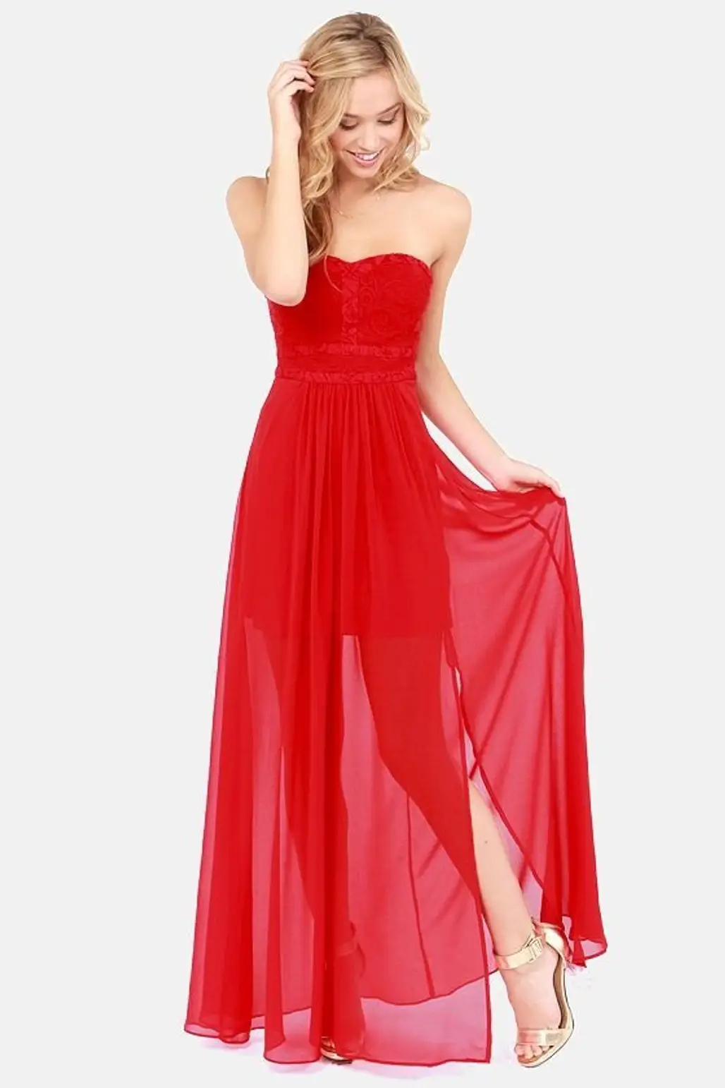 Aryn K – Good Graces Strapless Red Maxi Dress