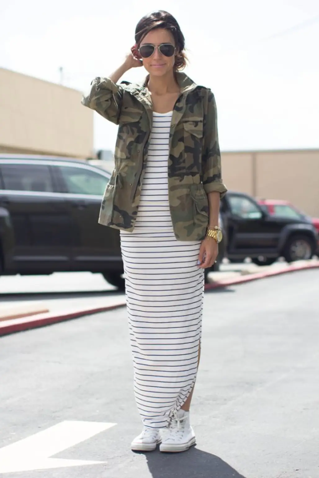 Striped Dress + Camo Jacket