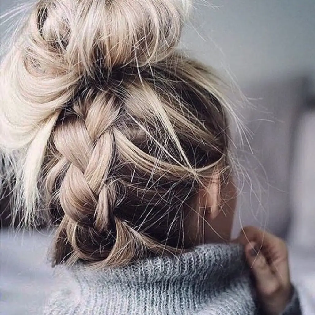 Her Upside-down Braid and Messy Bun