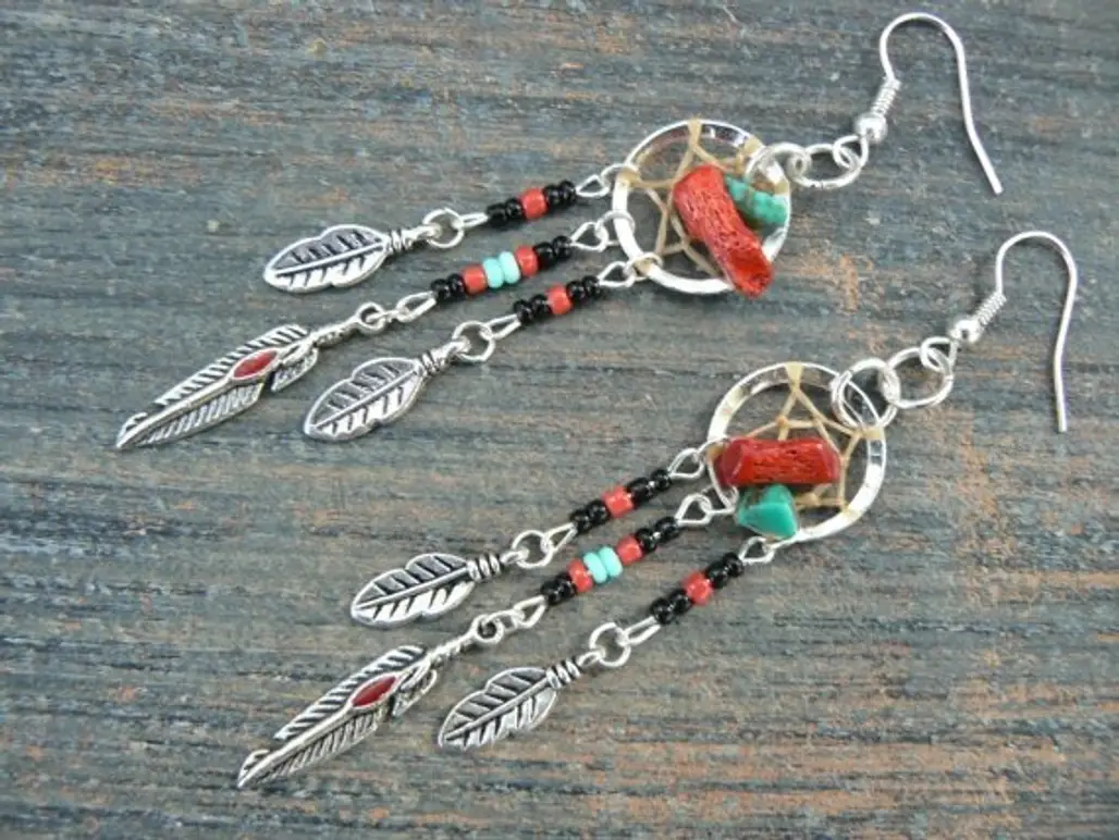 Red Coral and Turquoise Dreamcatcher Earrings