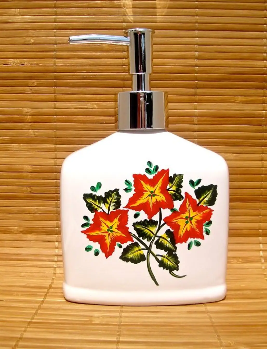 White Soap Dispenser with Hand Painted Red Flowers