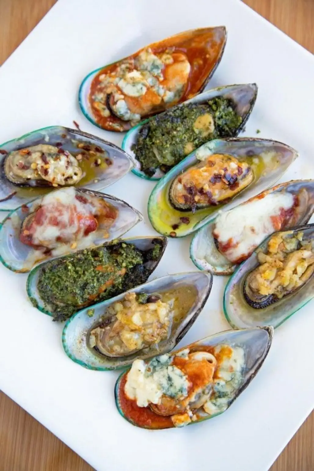 Mussels Served 5 Ways -Pesto, Garlic, Italiano, Buffalo, Diablo