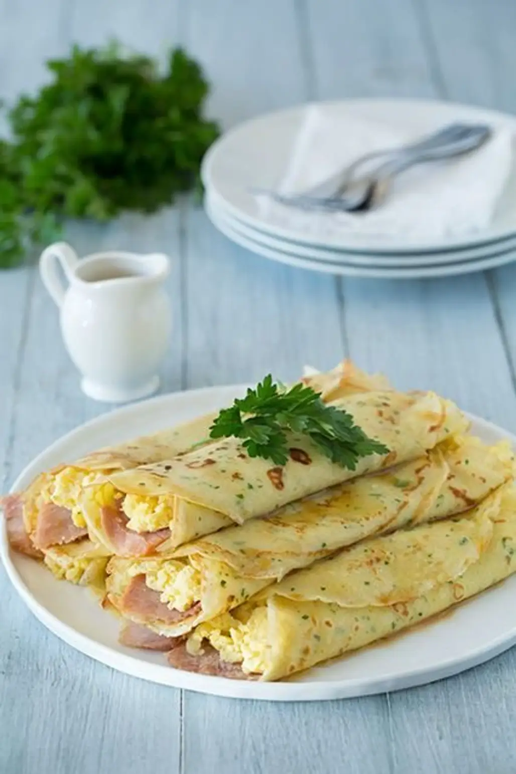 Herb Crêpes with Eggs, Swiss, Ham and Browned Butter