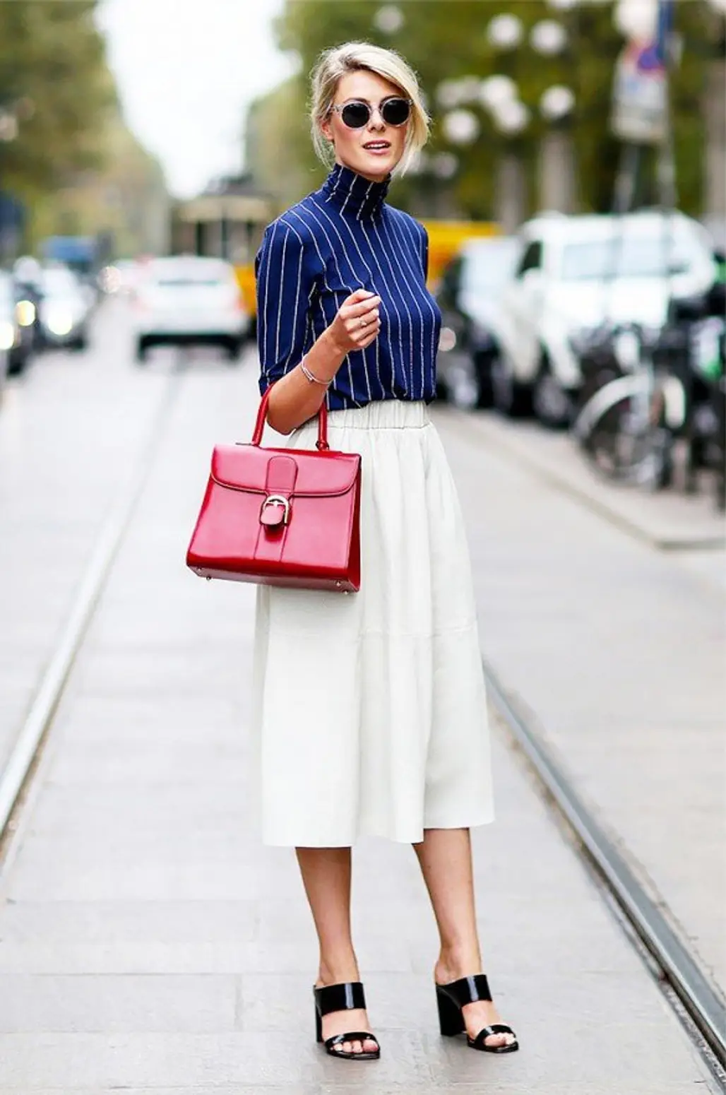 Striped Turtleneck Top with a White Skirt