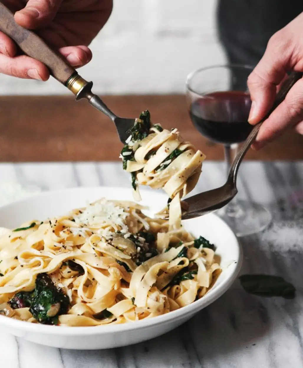FETTUCCINE with CARAMELIZED ONIONS and SWISS CHARD