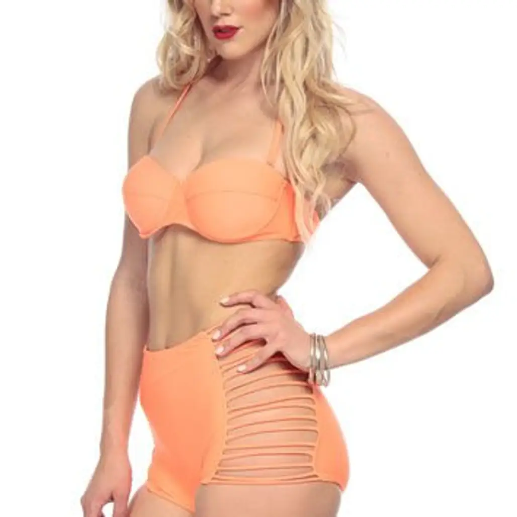 Neon Orange Shredded Push up High Waist Two Piece Swimsuit