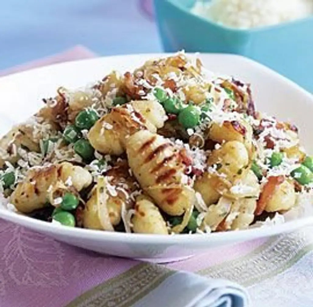 Pan Fried Gnocchi with Bacon, Onions and Peas