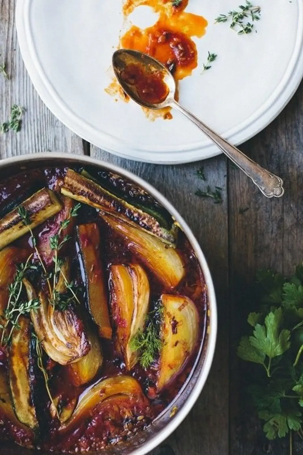 Braised Fennel Wedges with Saffron, Tomato, Zucchini and Thyme