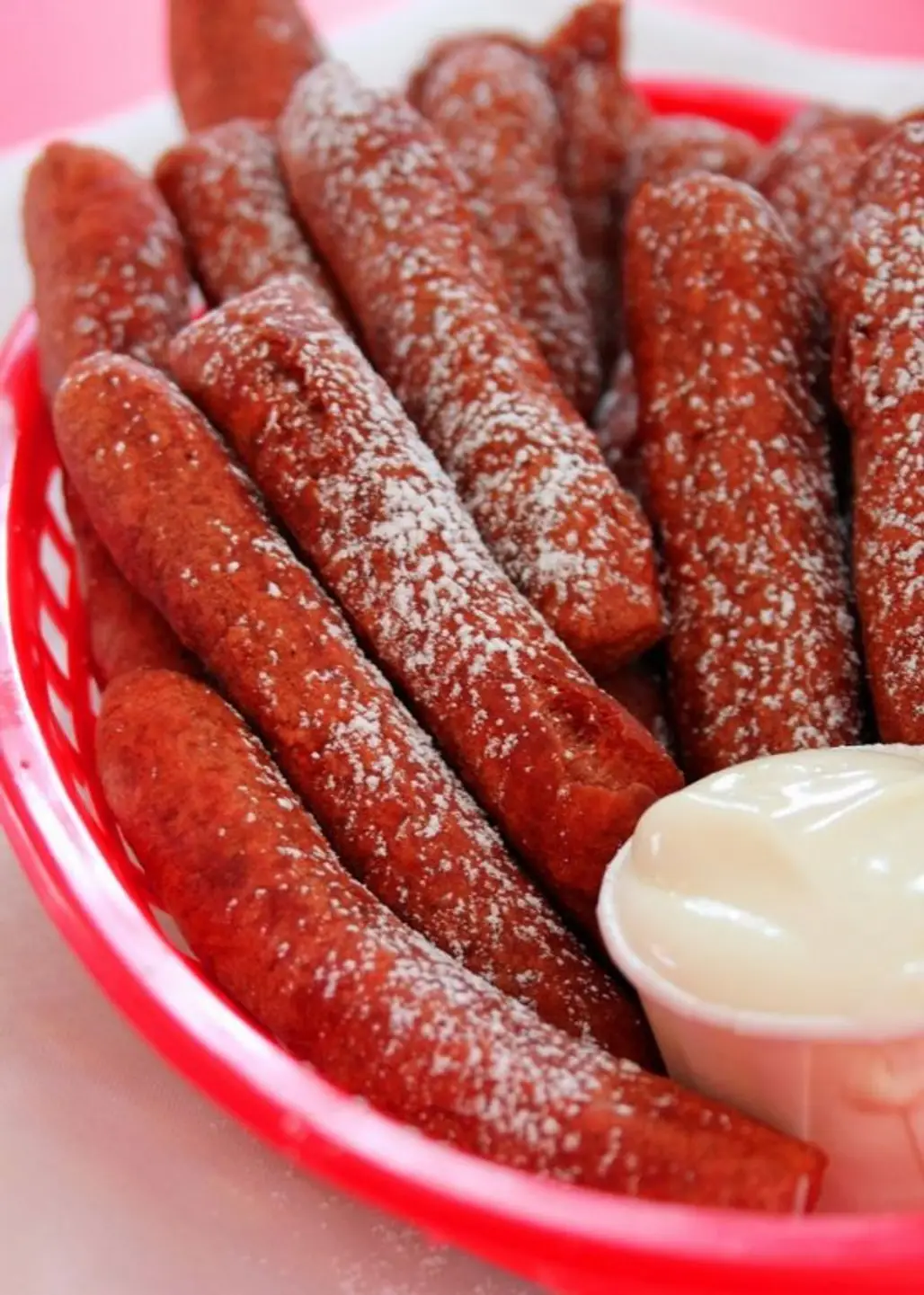 Red Velvet Donut Fries with Cream Cheese Dip