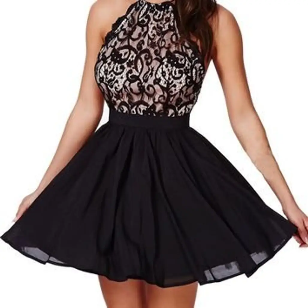 Black Floral Lace Open Back with Cross Straps Party Skater Dress