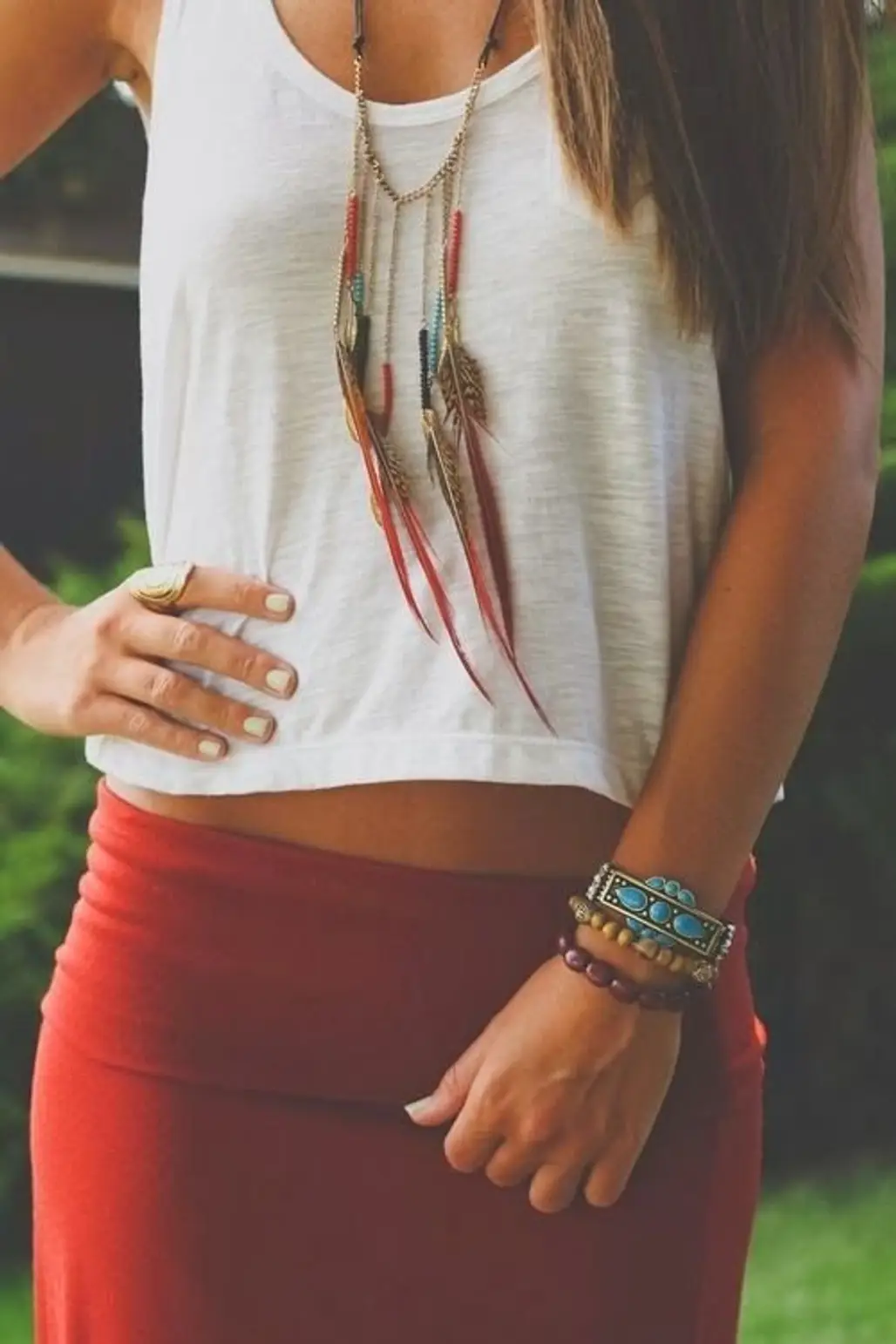 Wear a Hippie Style Feather Necklace with a White Tank