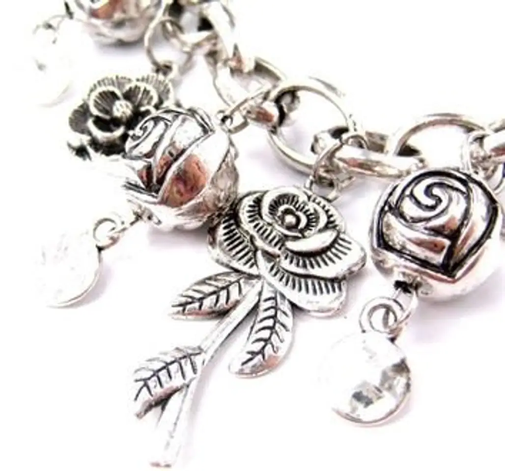 Unique Rose Floral Flower Charm Bracelet in Silver