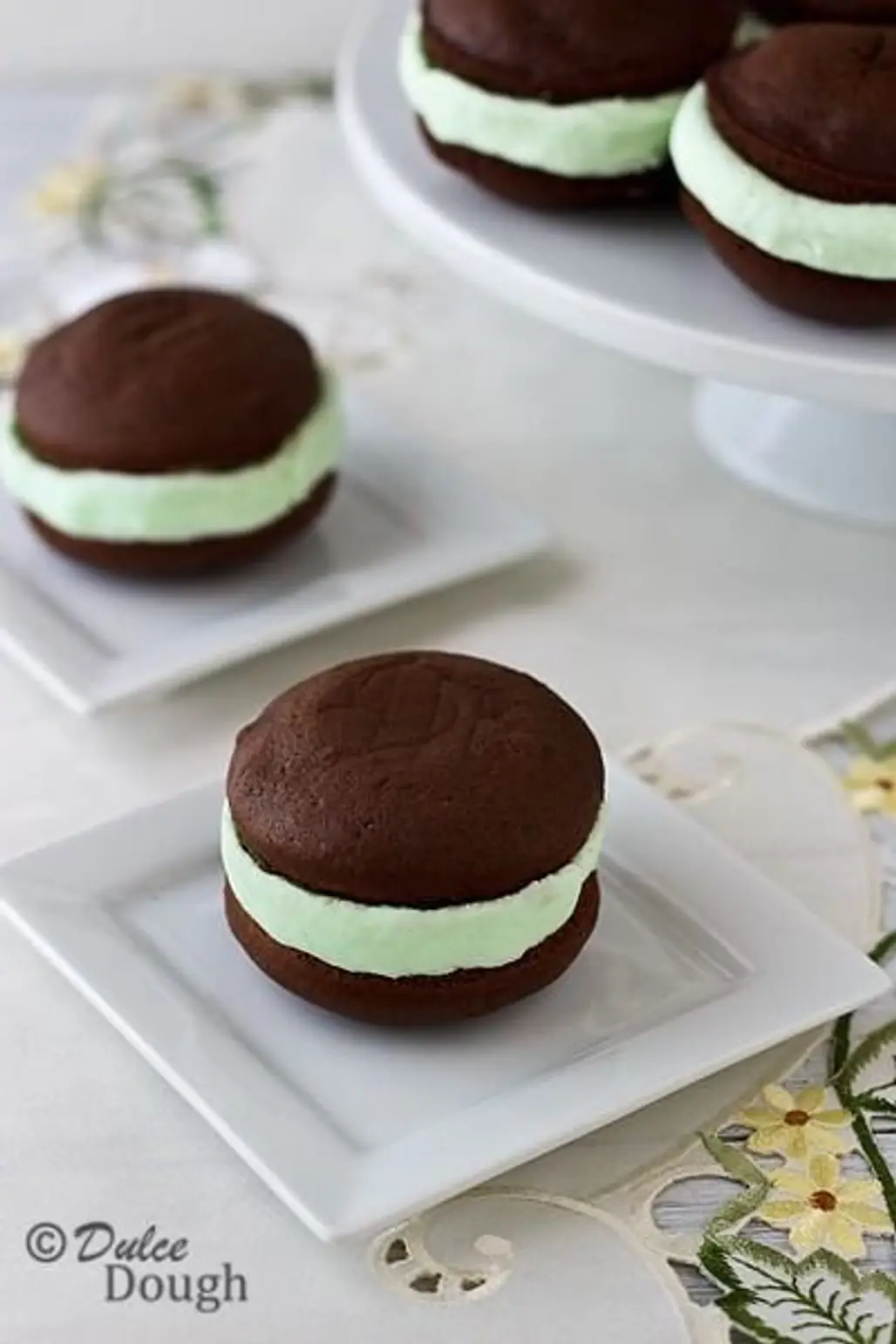 Chocolate Whoopie Pies with Mint Cream Cheese Filling