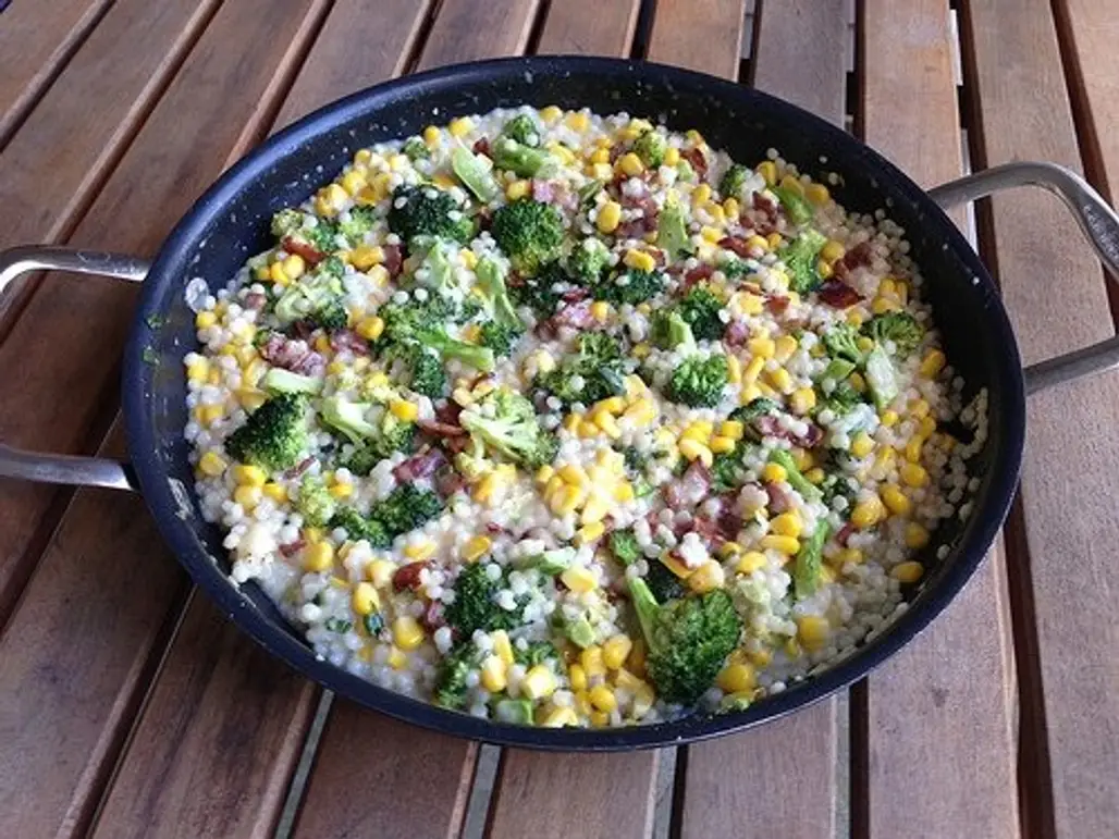 Cheesy Pearl Couscous with Roasted Broccoli