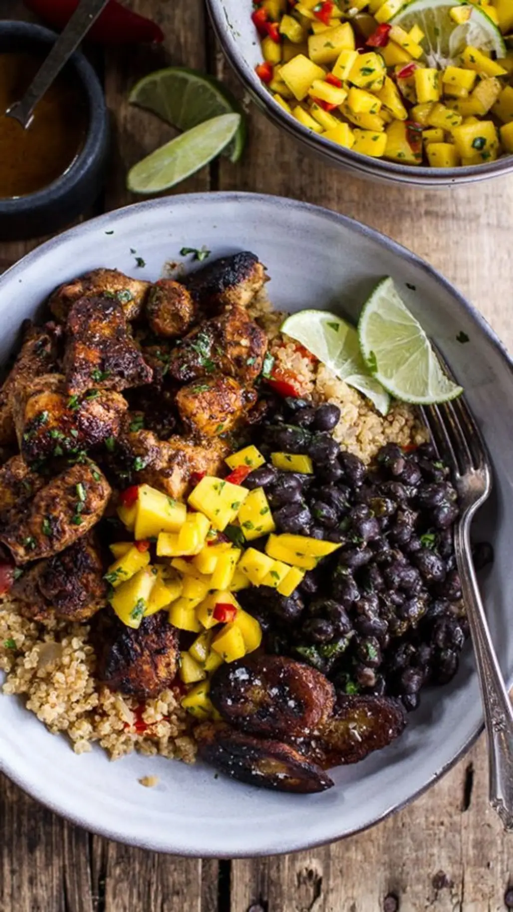 Cuban Chicken and Black Bean Quinoa Bowl with Fried Bananas