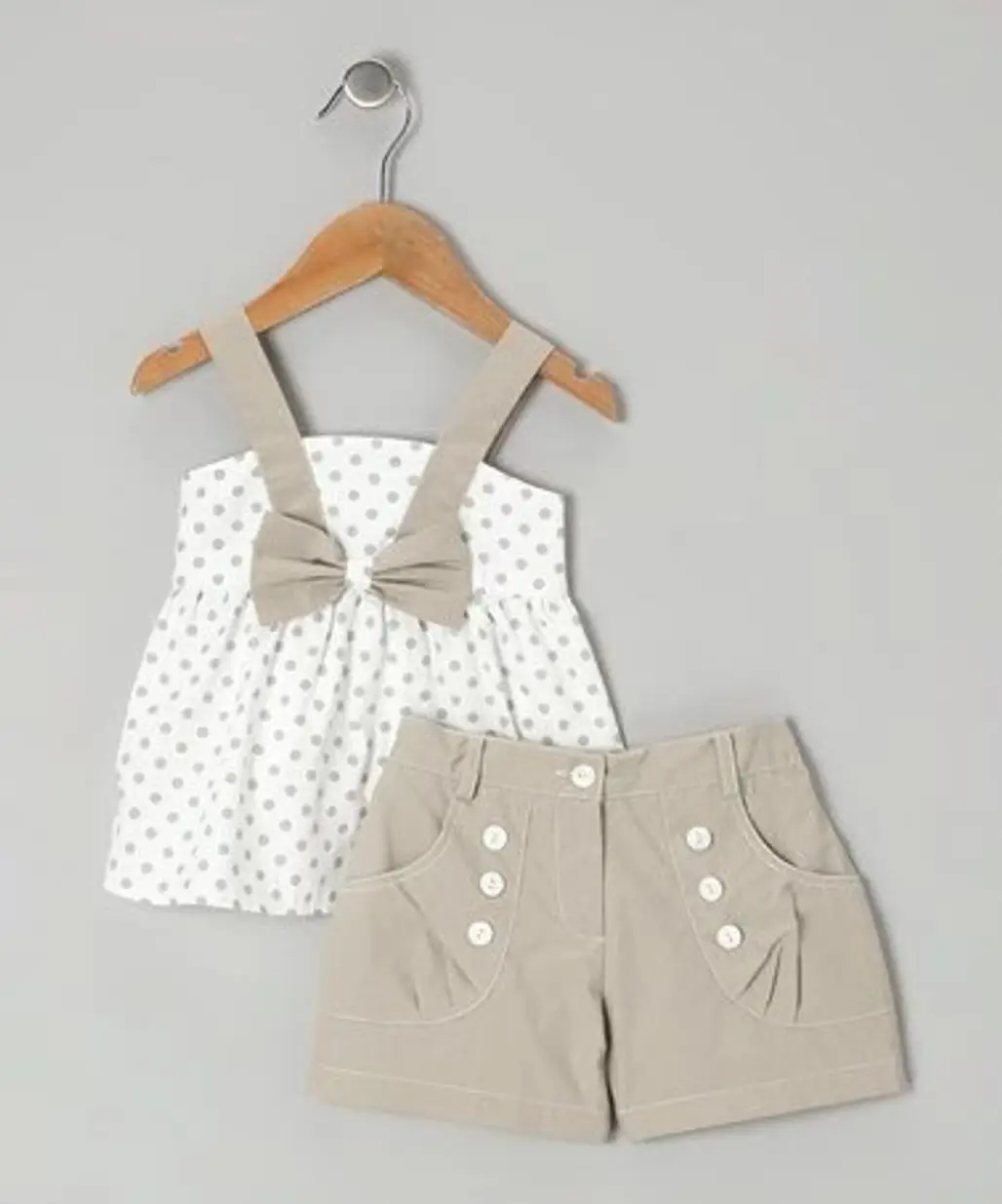 White Polka Dot Top and Gray Shorts