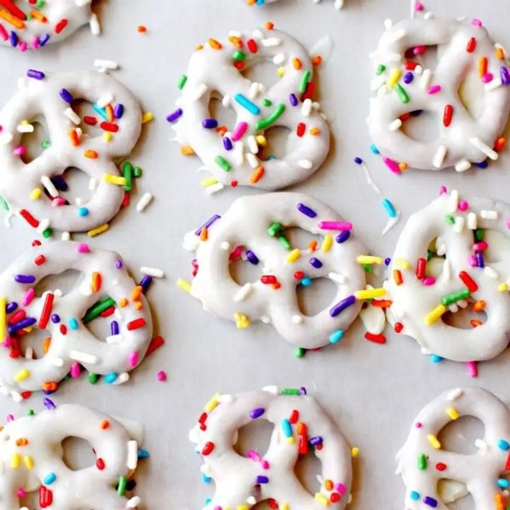 Celebrate Your Birthday with White Chocolate Covered Pretzels with Sprinkles