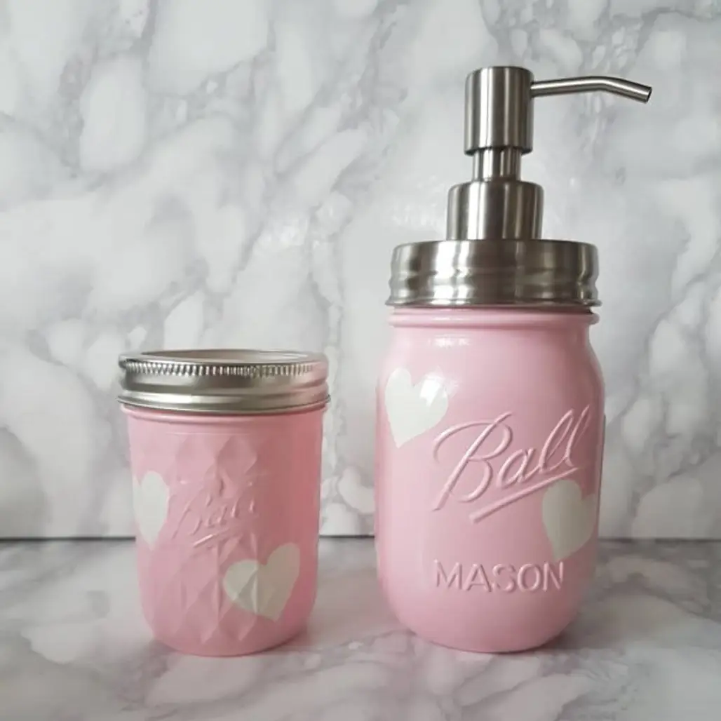 Soap dispenser, Pink, Mason jar, Product, Bathroom accessory,