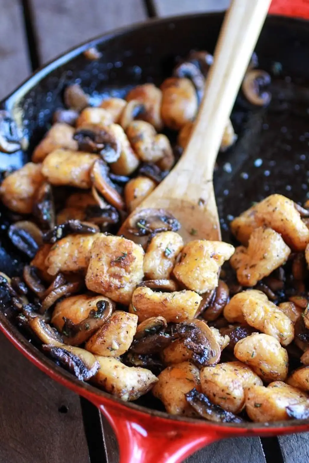 Crispy Brown Butter Sweet Potato Gnocchi with Balsamic Caramelized Mushrooms Goat Cheese