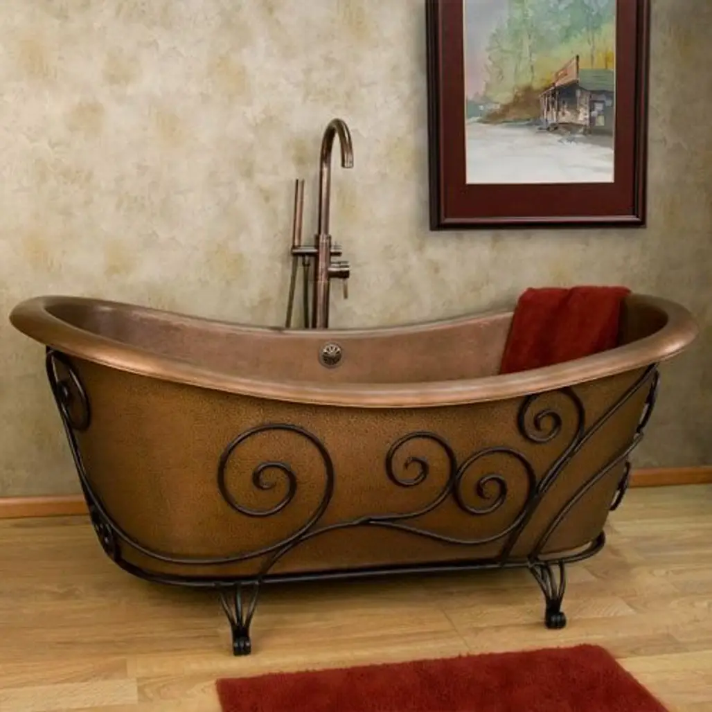 Hammered Copper Double Slipper Tub on Wrought Iron Base