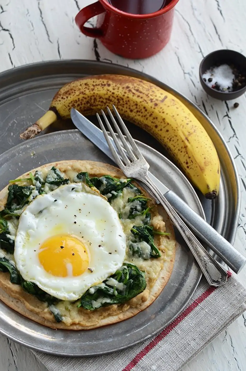 Breakfast Tostada with Spinach Hummus