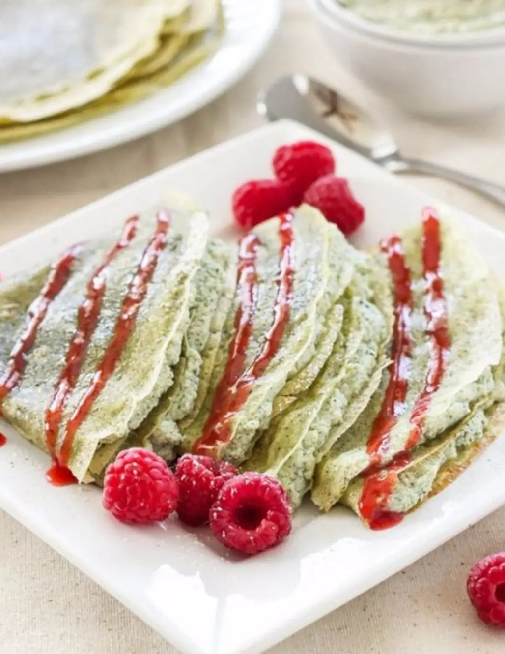 Green Tea Crepes with Matcha Ricotta Filling & Raspberry Sauce