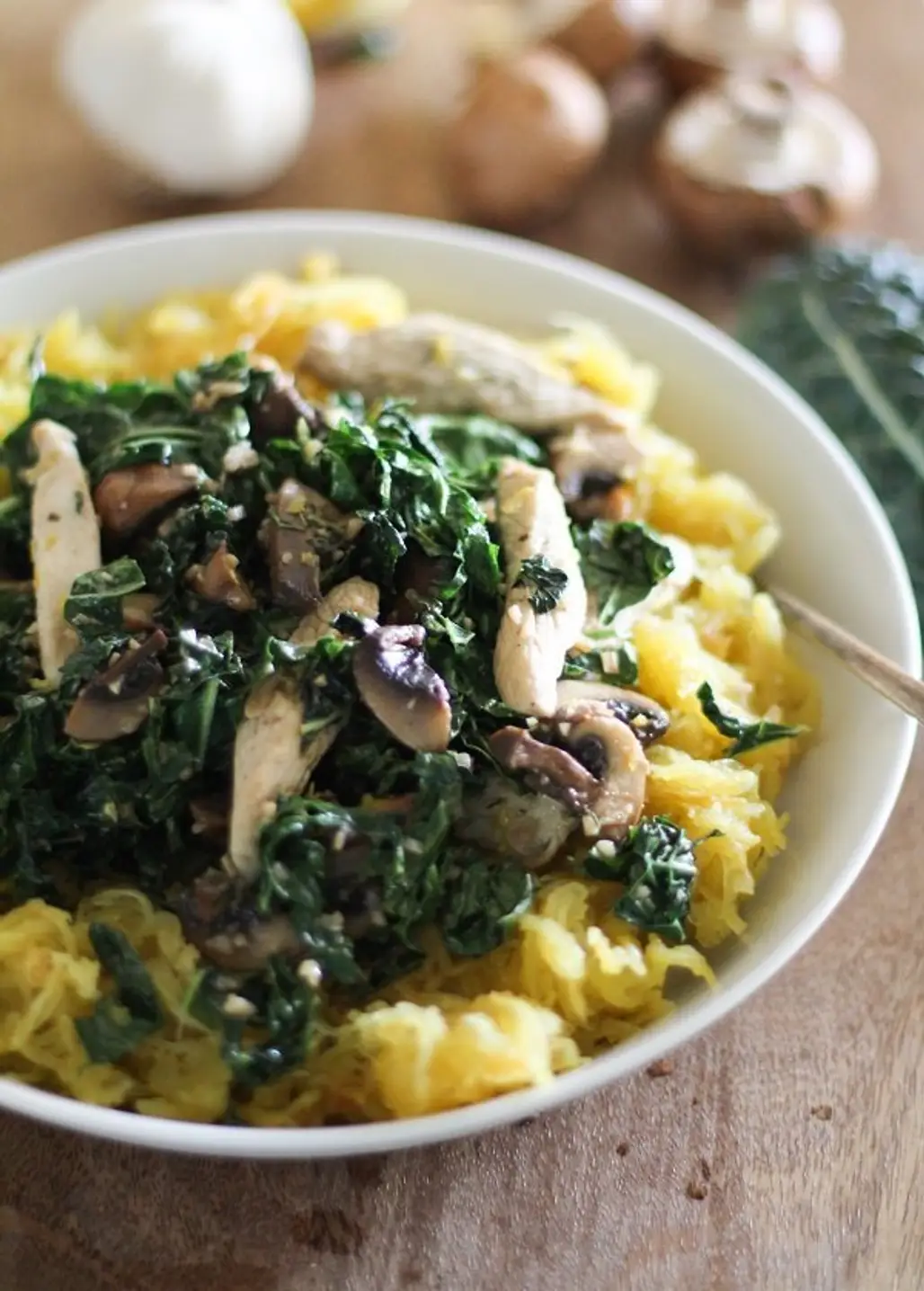 GARLICKY SPAGHETTI SQUASH with CHICKEN, MUSHROOMS, and KALE