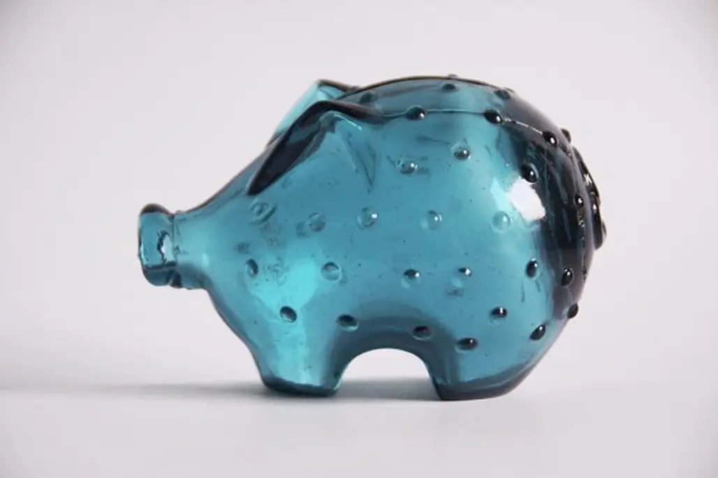 Vintage Petrol Blue Glass Pig Money Box
