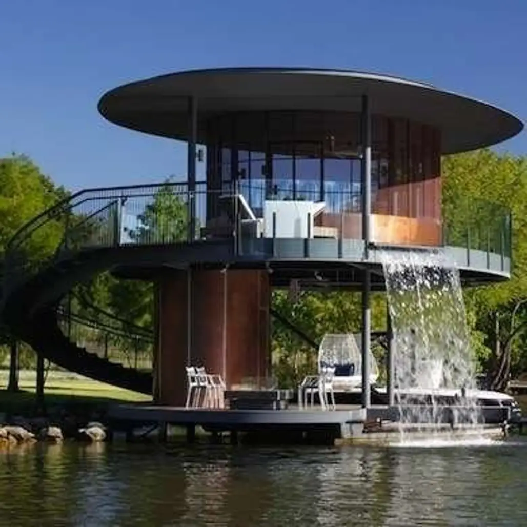 Bercy Chen Boathouse with a Built-in Waterfall and 360-degree Views of Lake Austin, Texas