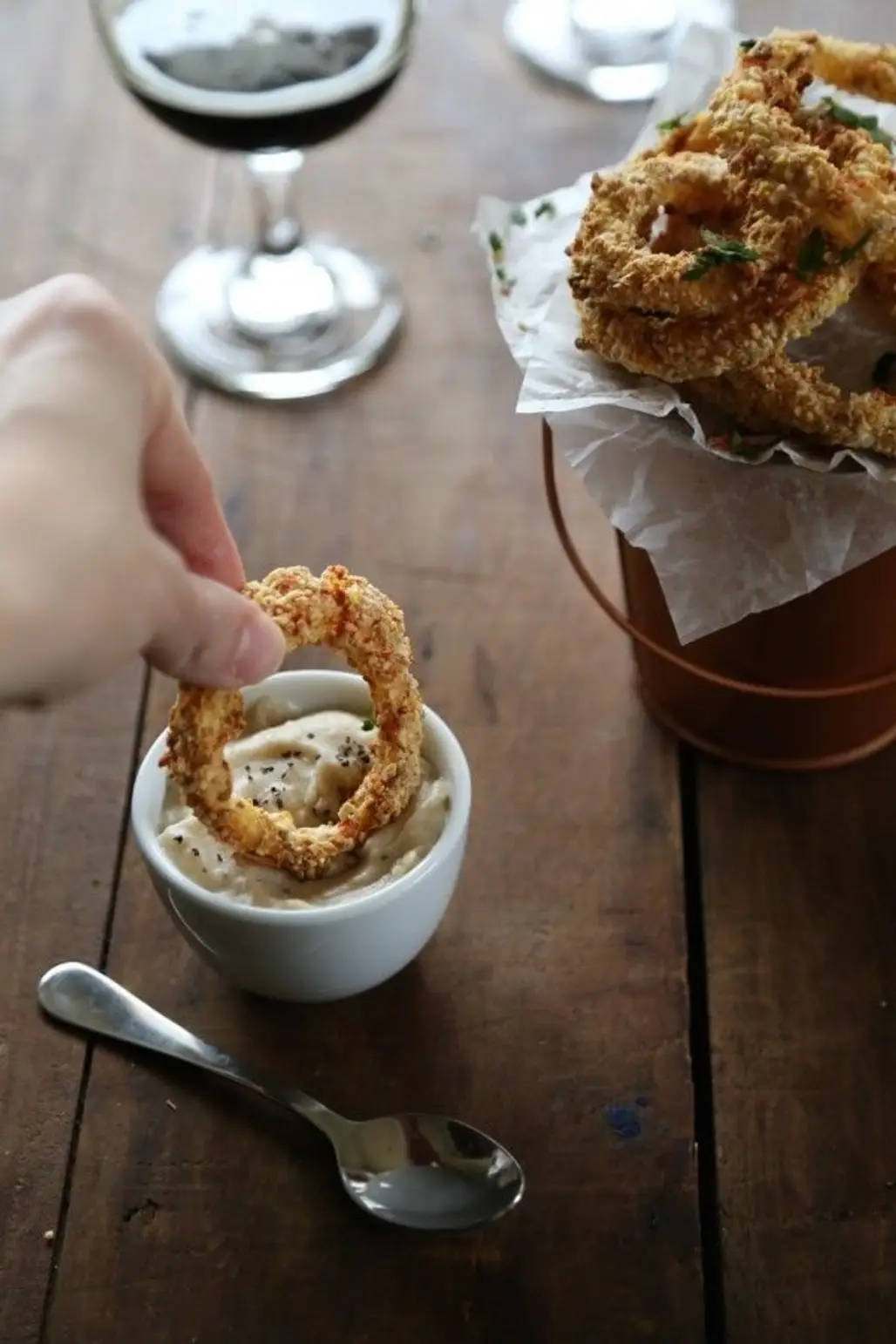 Oven Fried Guinness Onion Rings with Stout Gravy