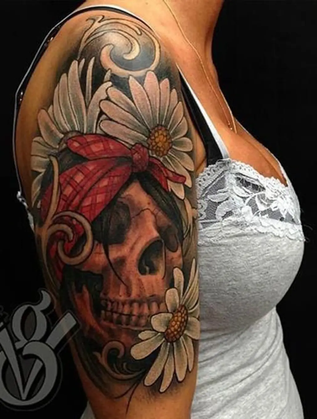 Pin up Looking Skull with Flowers