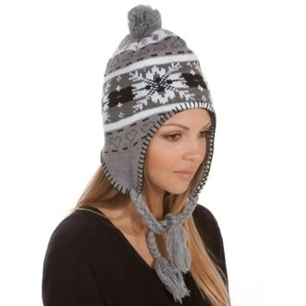 Heart Snowflake Fully Lined Knit Winter Hat