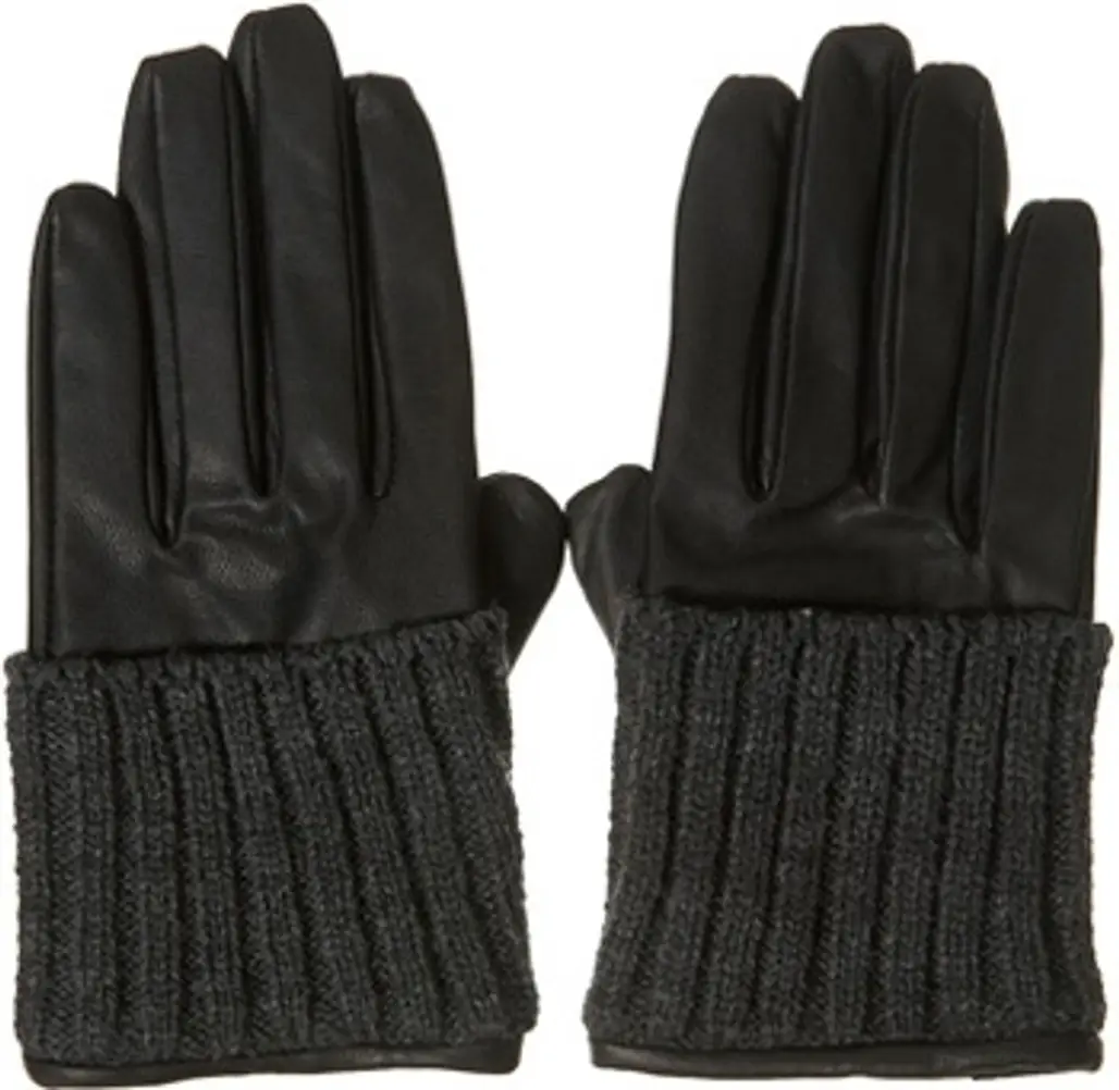 Topshop Black Leather Rib Cuff Gloves