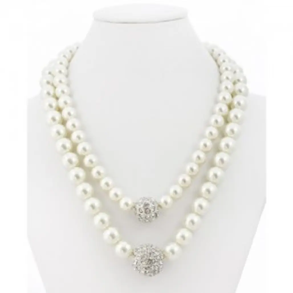 Double Pearl Strand Necklace with Crystal Accent