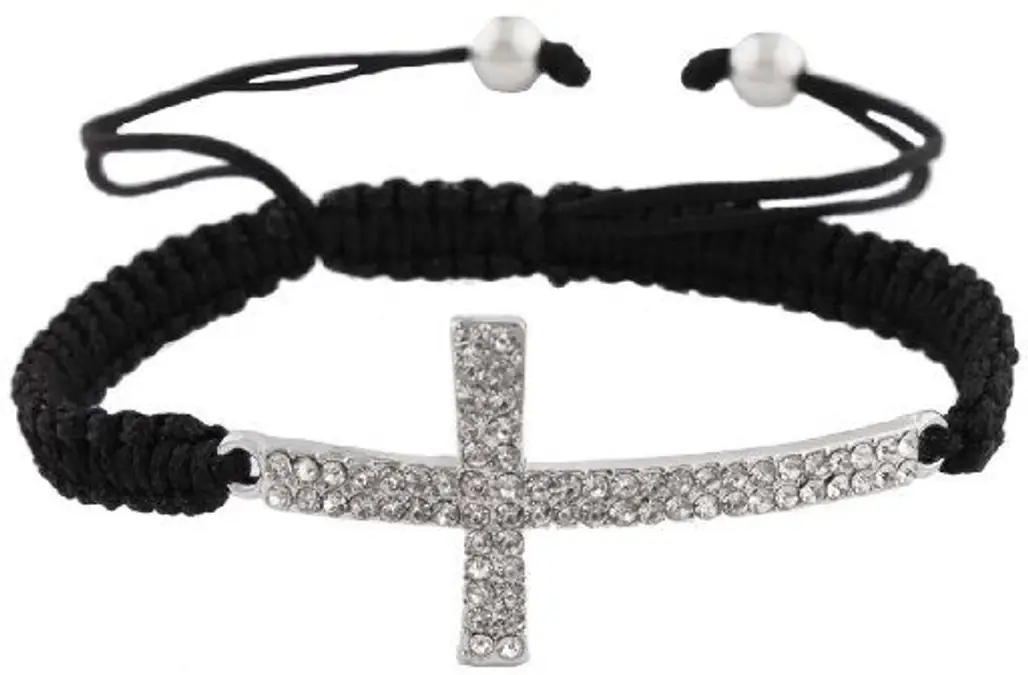 Black Lace Style Silver Iced out Sideways Cross Macrame Bracelet by JOTW