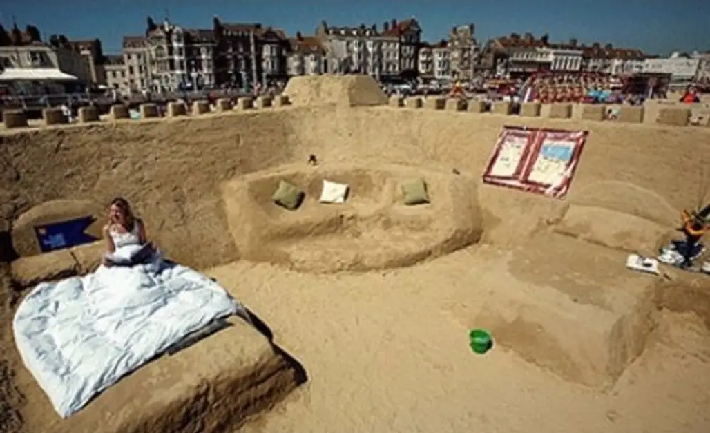 Sadly It No Longer EXISTS but Was Kinda Cool While It Lasted. a Hotel Made of Sand - Including the Beds at Weymouth, UK