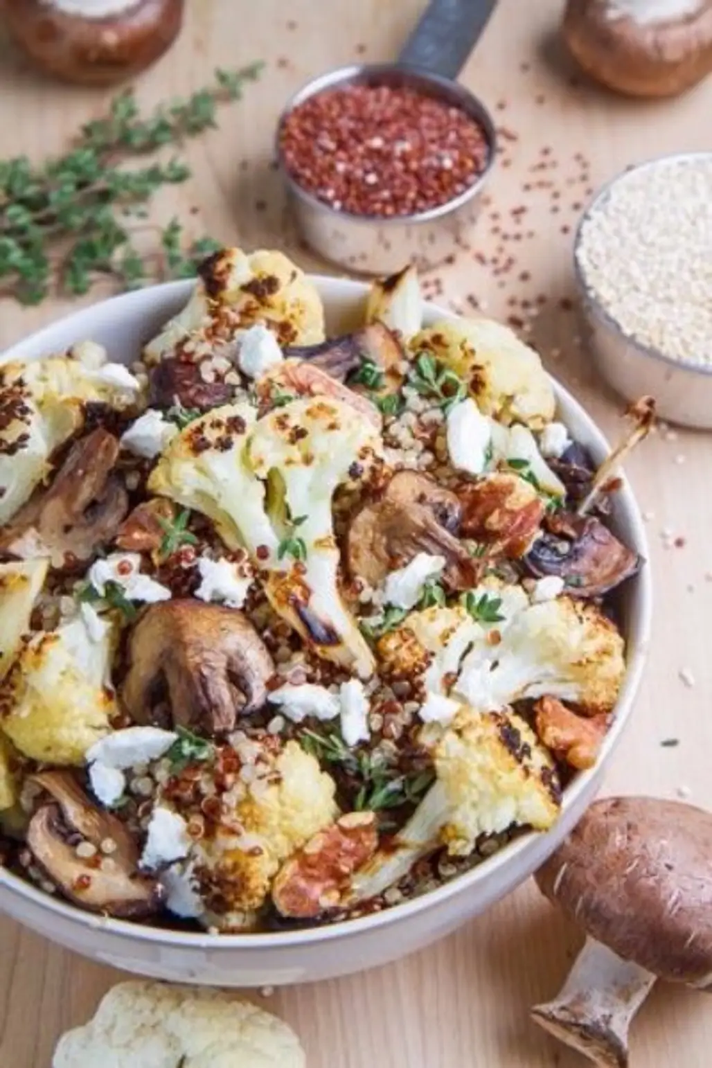 Roasted Cauliflower and Mushroom Quinoa Salad in Balsamic Vinaigrette with Goat Cheese