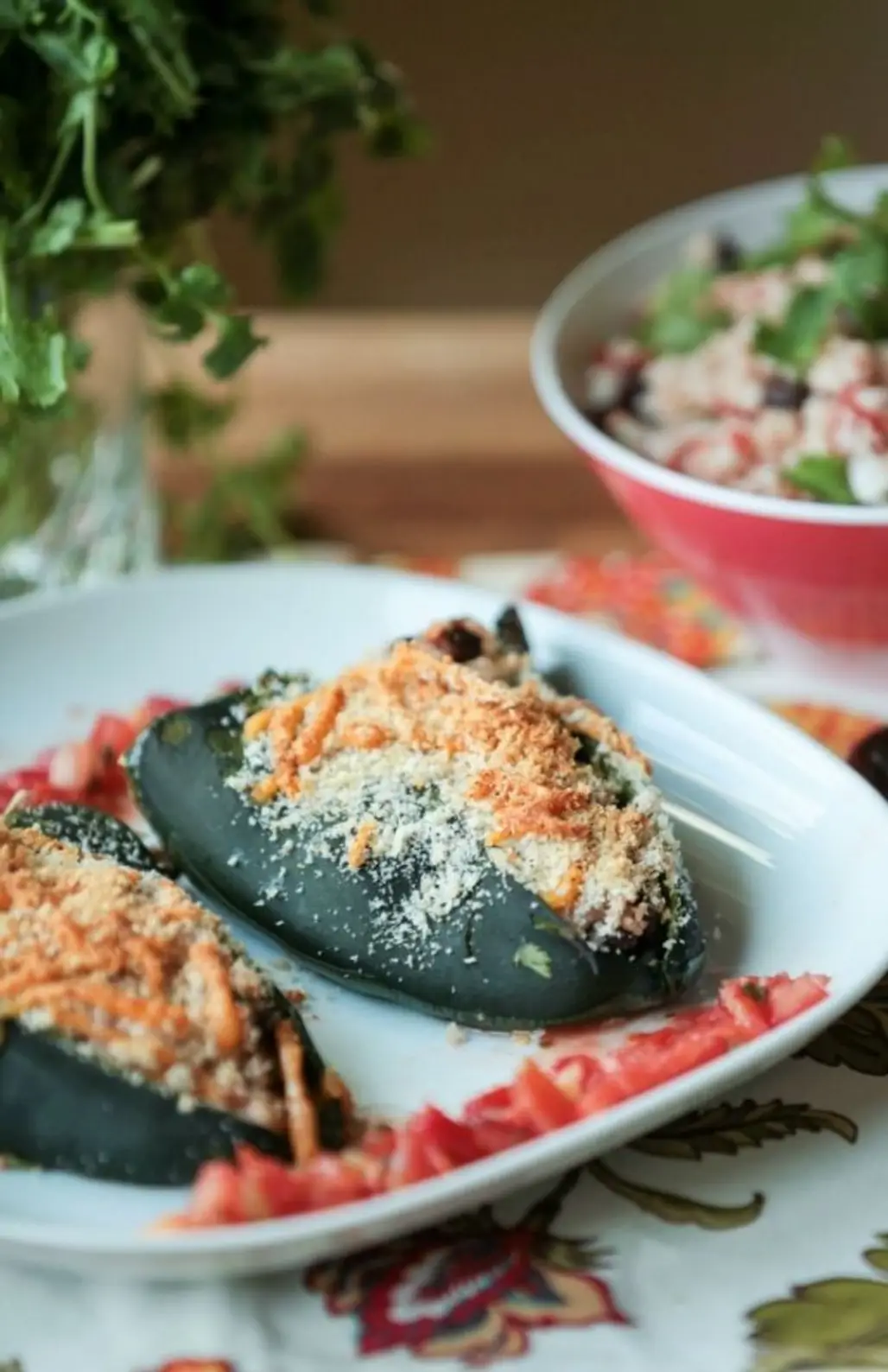 Mexican Rice and Black Bean Stuffed Poblano Peppers
