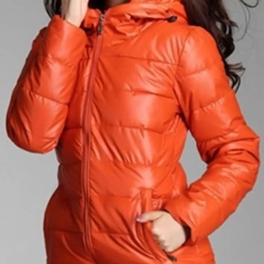 Orange Quilted Long Sleeve Hooded Cotton Padded 3/4 Length Puffer Coat