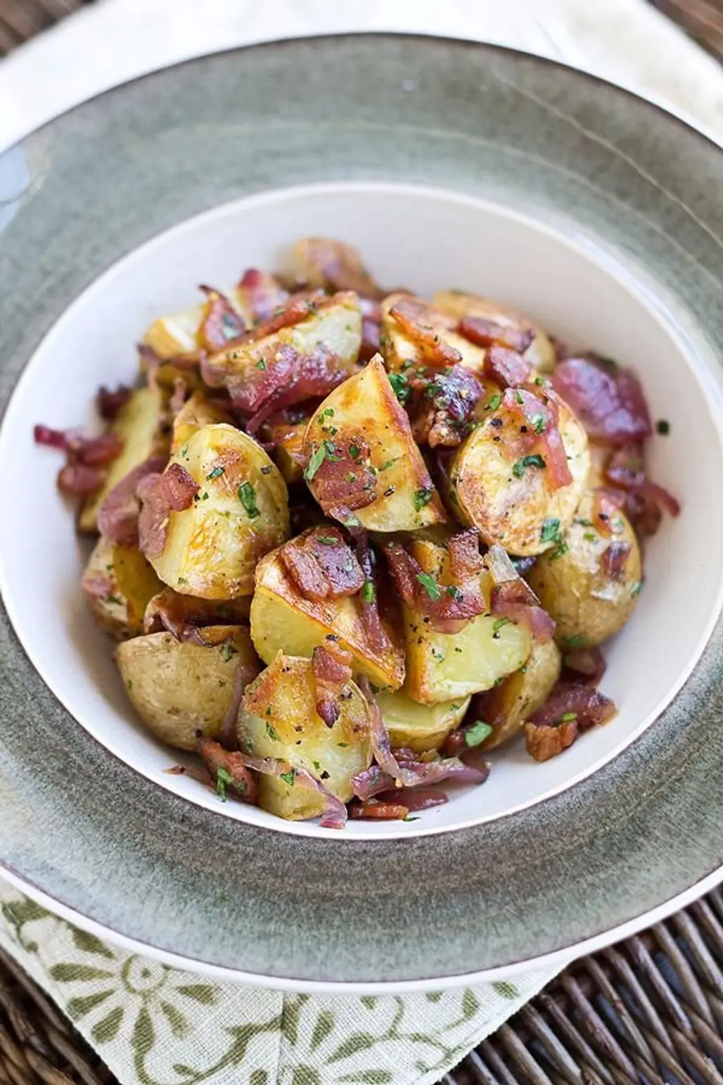 Warm Roasted Baby Potato Salad with Crispy Bacon, Caramelized Onion, and Warm Bacon Vinaigrette