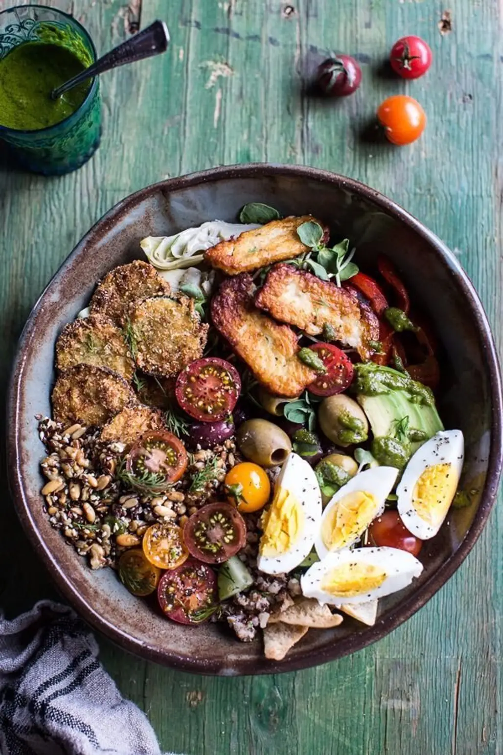 Greek Goddess Grain Bowl with “Fried” Zucchini, Toasted Seeds and Fried Halloumi