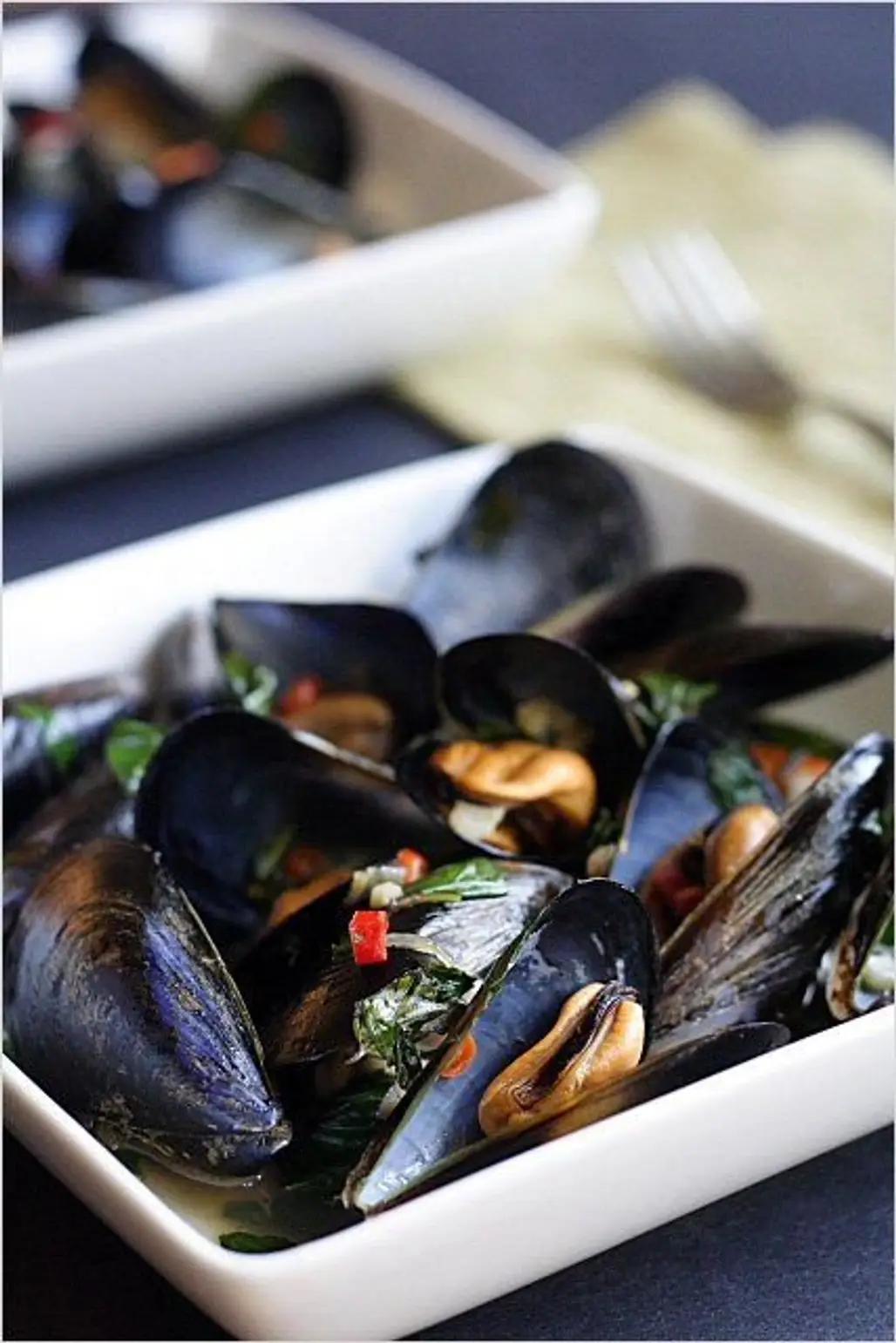 Steamed Mussels with Lemongrass, Thai Basil, Chilies, and Coconut Juice