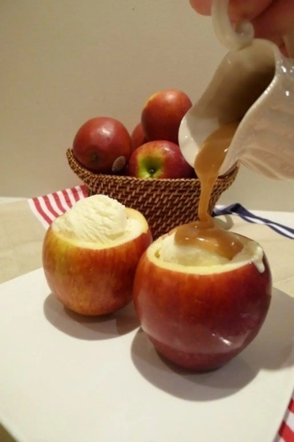 Apple Bowls with Vanilla Ice Cream Drizzled with Caramel