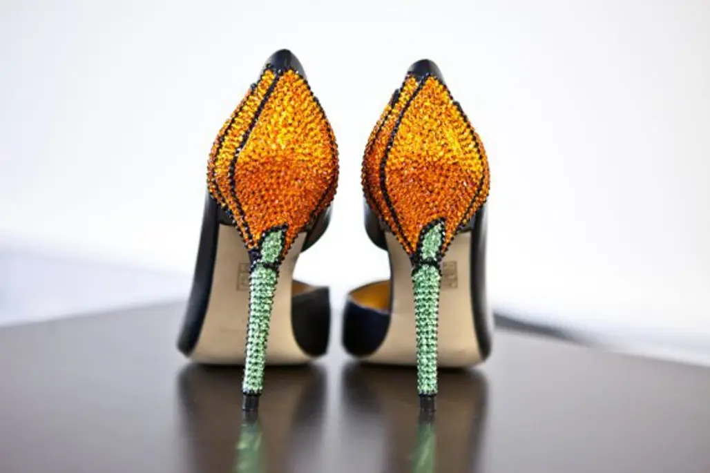Customized Leather Shoes Orange Swarovski Crystals