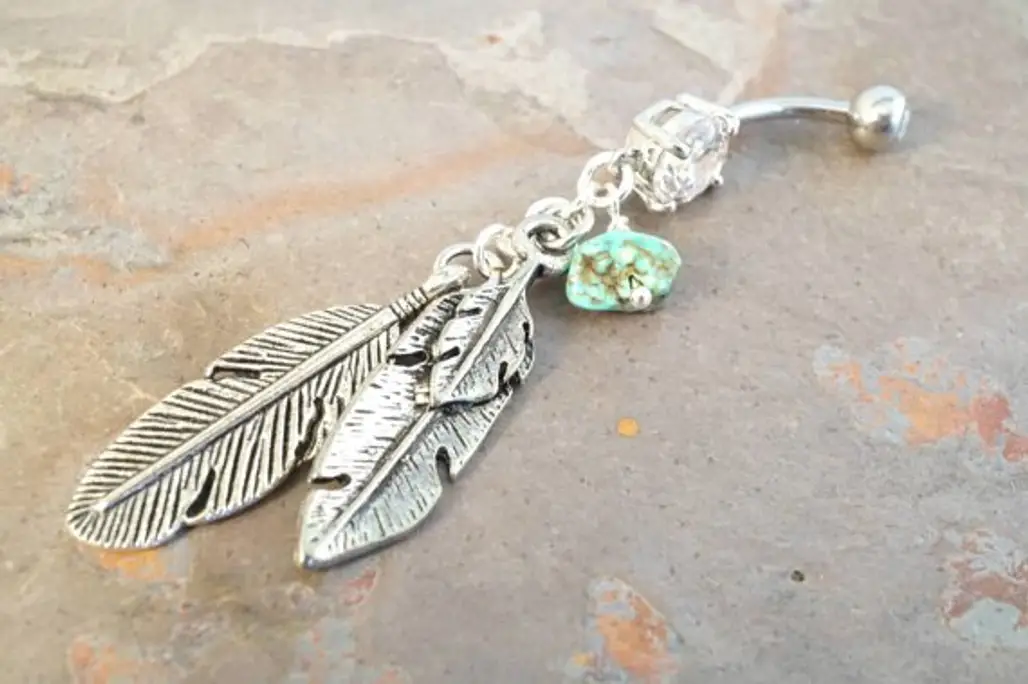 Silver Feather Turquoise Dangle Belly Button Ring