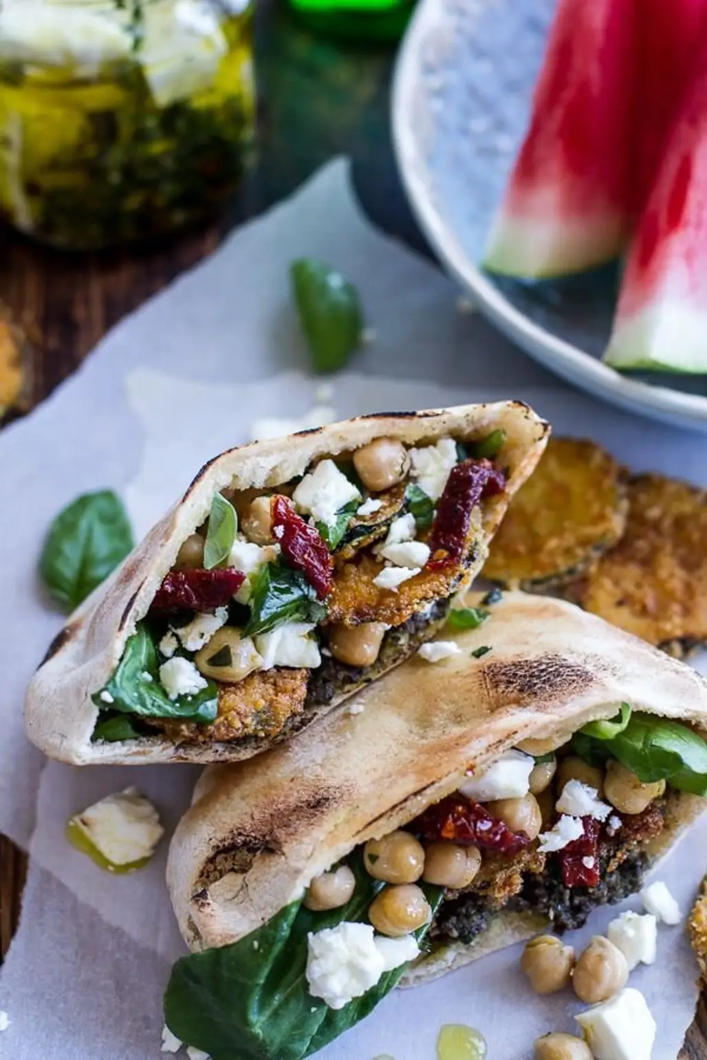 Greek Olive Pesto and Fried Zucchini Grilled Pitas