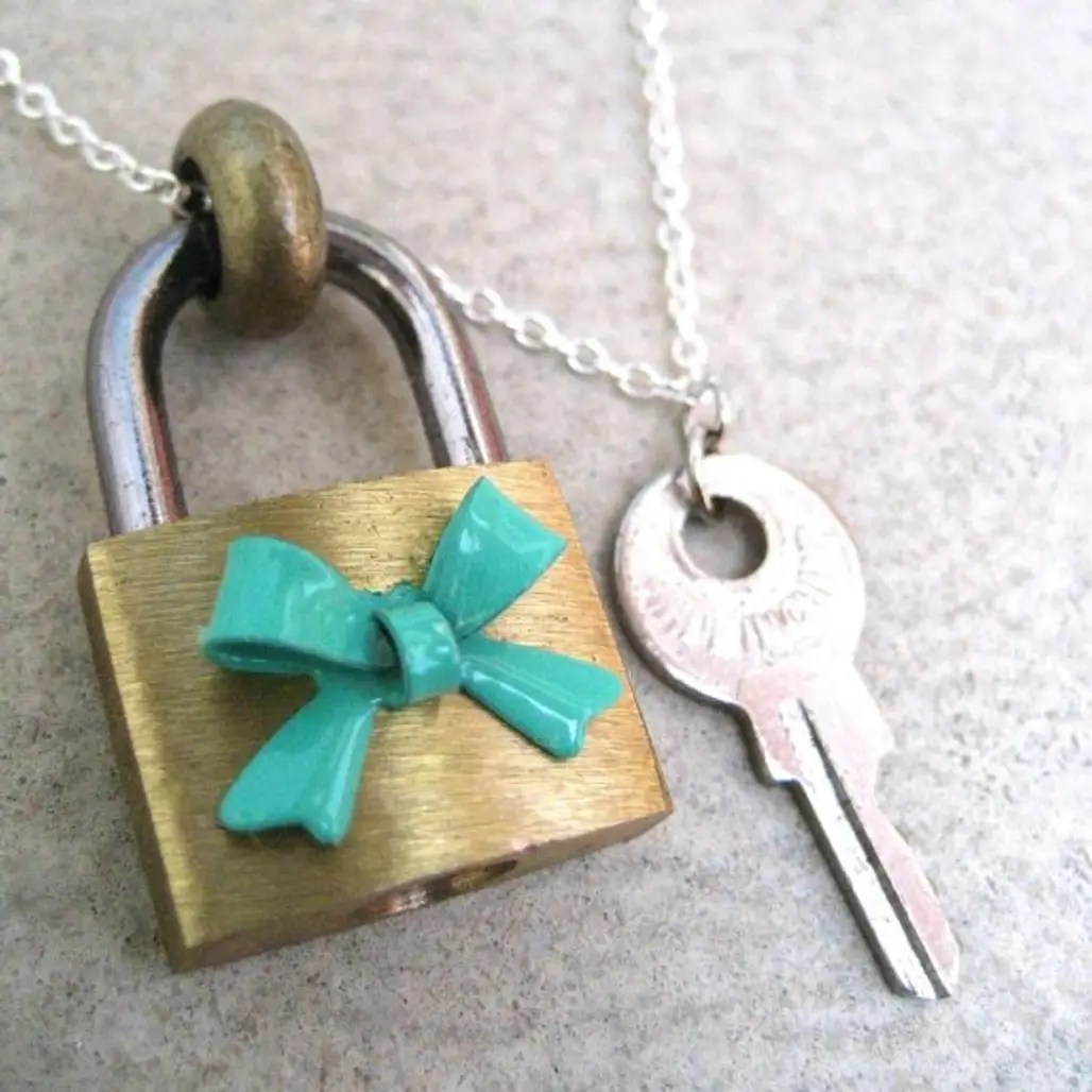 Padlock and Key Necklace - Tiffany Blue Colored Bow