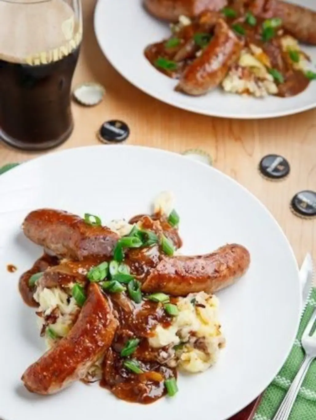 Bangers and Colcannon with Guinness Onion Gravy